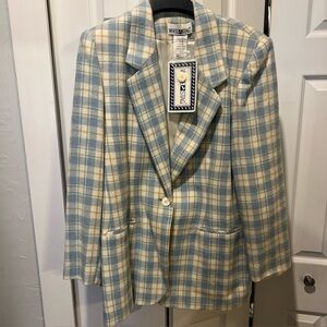 WHITE STAG Women's Cream and Blue Checkered Vintage Blazer Sz 14